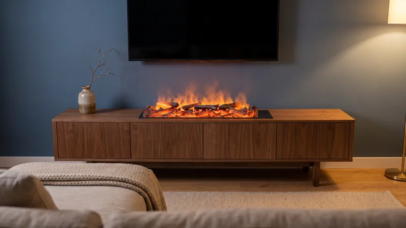 Chimenea de vapor de agua Rustic Orange 100 encendida en un mueble de nogal con la tele encima, apagada, en un salón de pared azul
