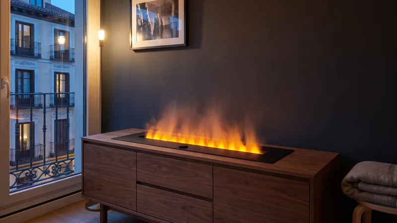 Piso sin salida de humos en el centro de Madrid al anochecer: una chimenea de vapor de agua Orange 70 encendida en un mueble bajo de nogal, junto al balcón