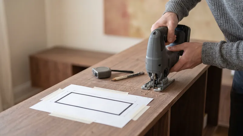 Cortar el hueco para encastrar una chimenea de vapor: dos manos guían una caladora por la línea marcada en la tapa de madera de un mueble, con la plantilla al lado