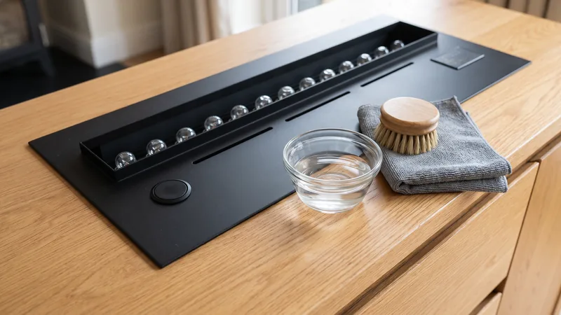 Para limpiar la cal: un cuenco de vinagre rebajado, un cepillo suave y un paño junto a la tapa apagada de una chimenea de vapor, que después se aclara con agua desmineralizada