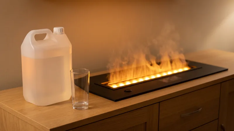 Garrafa de agua desmineralizada sin etiqueta y un vaso junto a una chimenea de vapor de agua Orange 70 encendida en un aparador de roble