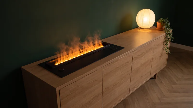 Chimenea de vapor de agua Orange 70 encendida en un aparador de roble claro, de noche: la llama de vapor sale del canal de la tapa negra, junto a una lámpara de papel