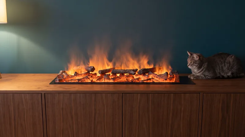 Un gato atigrado tumbado junto a una chimenea de vapor de agua Rustic Orange 100 encendida a temperatura ambiente, sin combustible.