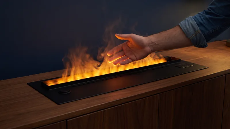 Una mano atraviesa la llama de vapor de agua de una Orange 70 encendida en un mueble de madera: la llama sale a temperatura ambiente.