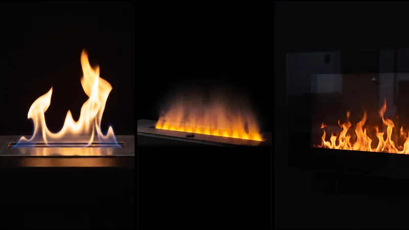 Comparativa de tres llamas: la de una chimenea de bioetanol sobre su quemador, la de vapor de agua sobre la tapa de una Orange 70 y la de una chimenea eléctrica de pantalla