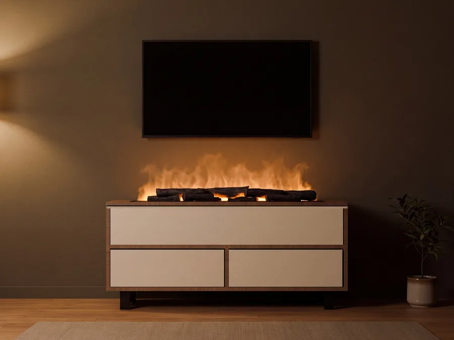 Mueble M03 de noche: la tele arriba, el fuego abajo