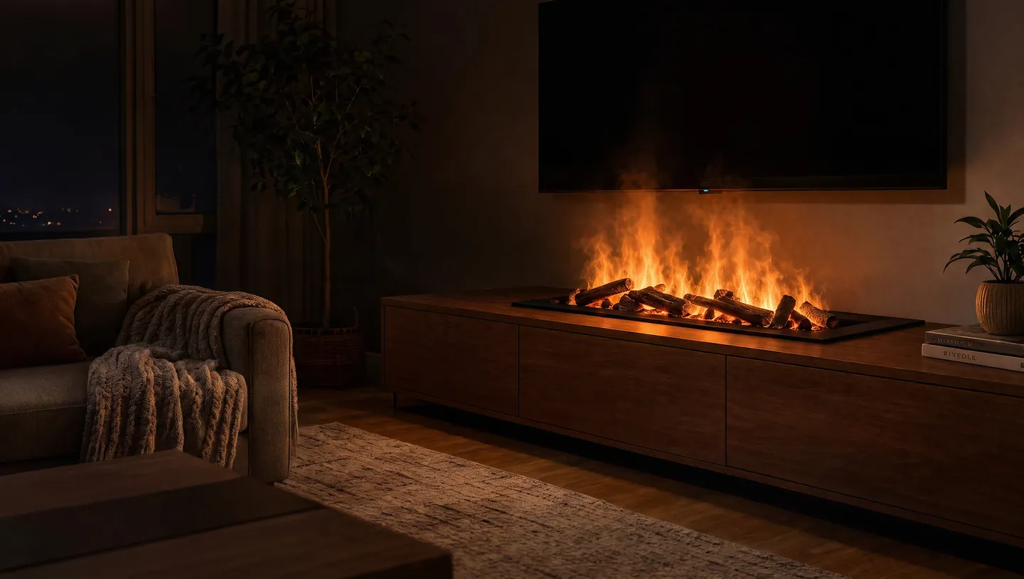 Salón de noche con la Firecool Rustic Orange 100 encendida en el mueble de la tele
